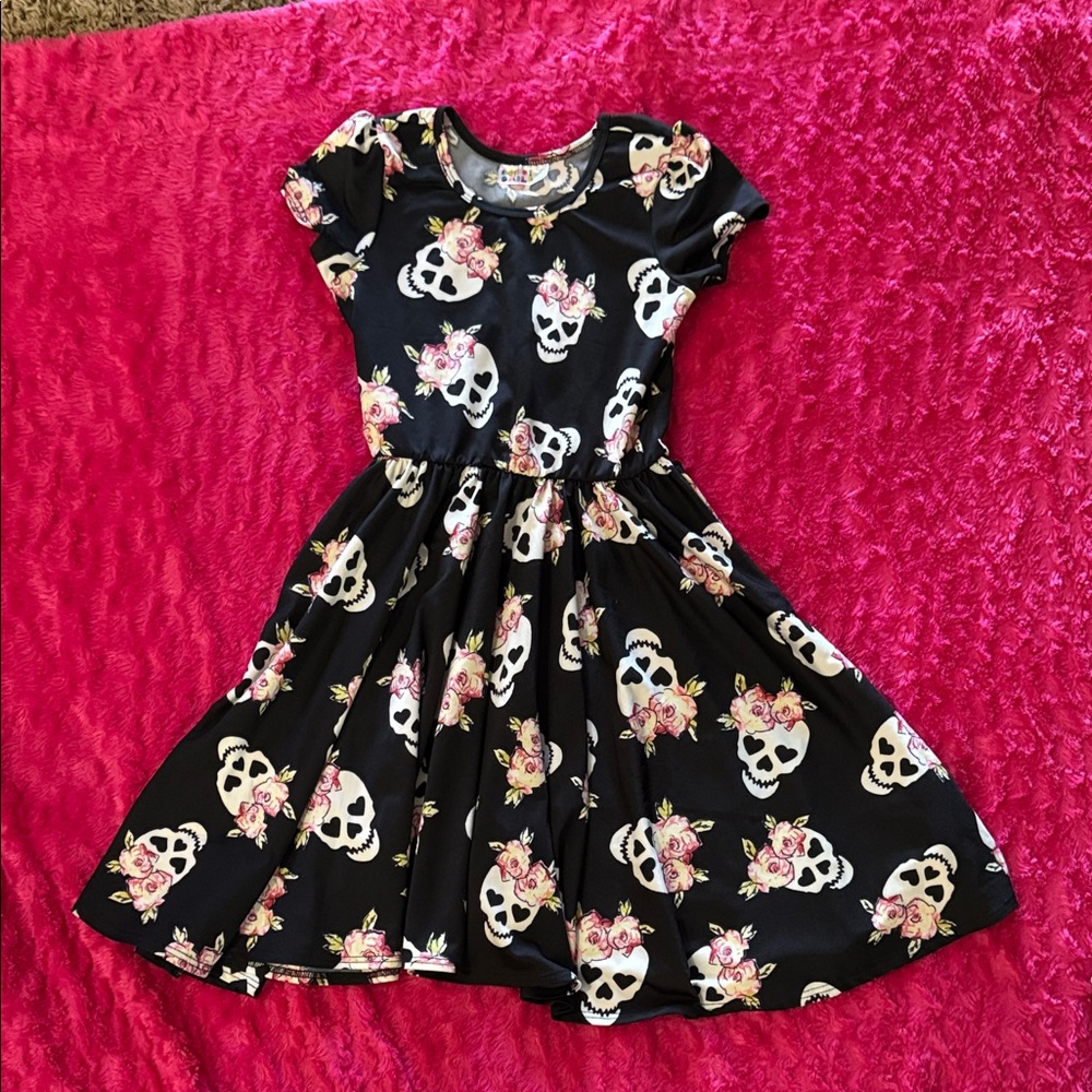 Dot Dot Smile Black Dress with Floral Skull Design Halloween Sugar Skulls